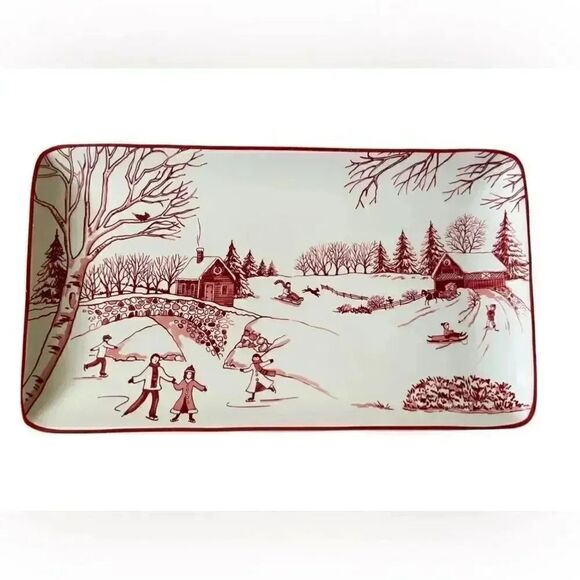 Toile De Jouy Winter Wonderland Red Ceramic for Santa's Cookie Platter - Picture 1 of 7